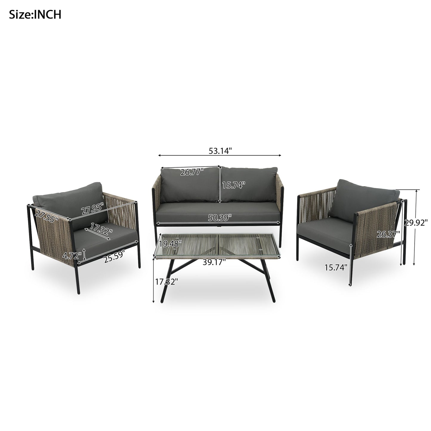 4-Piece Rope Sofa Set with Thick Cushions and Toughened Glass Table,