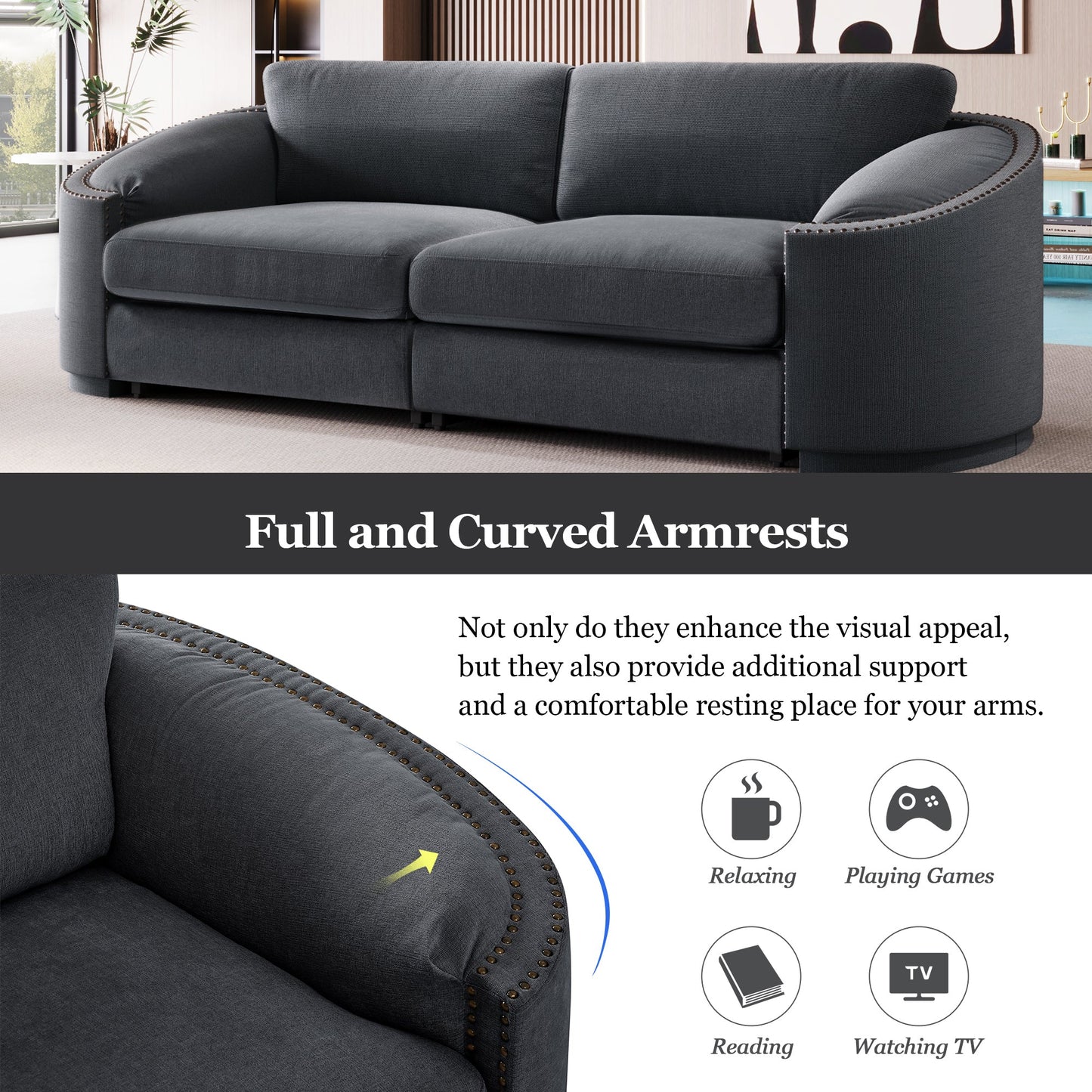 Stylish Sofa with Semilunar Arm, Rivet Detailing, and Solid Frame for