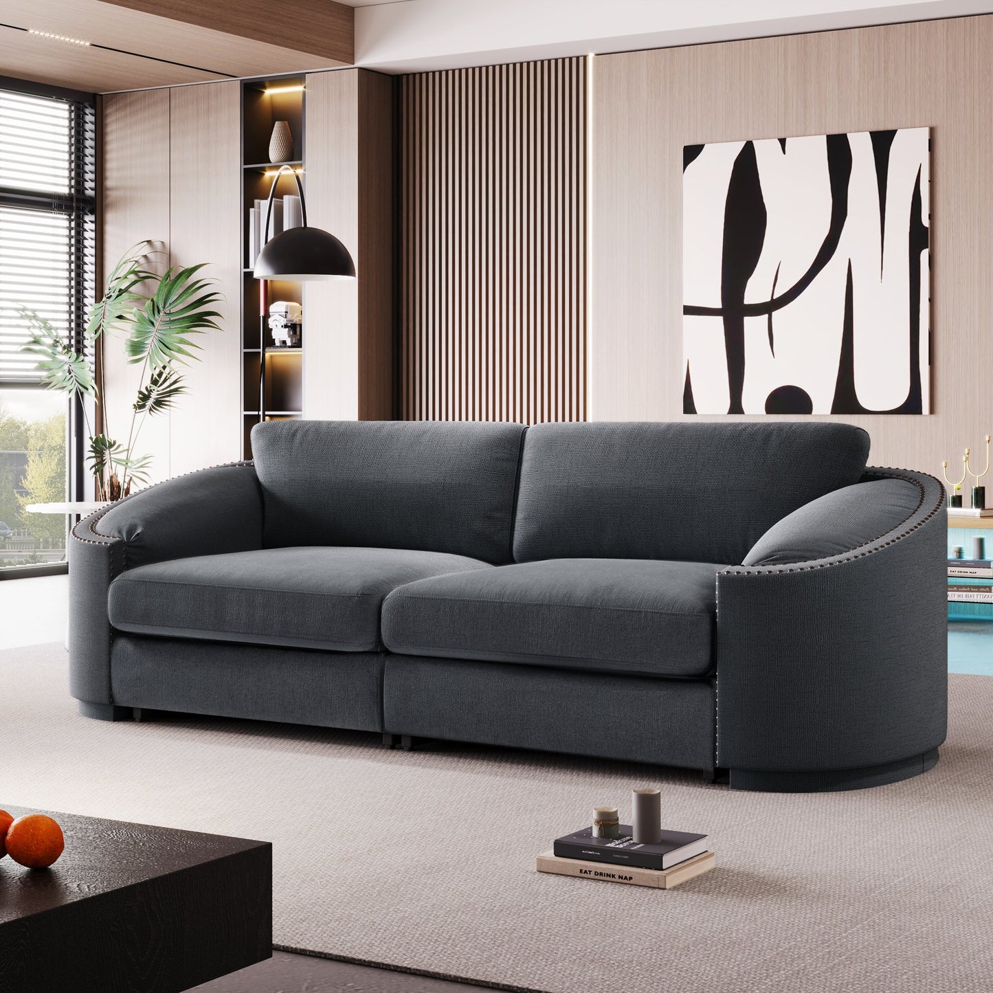 Stylish Sofa with Semilunar Arm, Rivet Detailing, and Solid Frame for