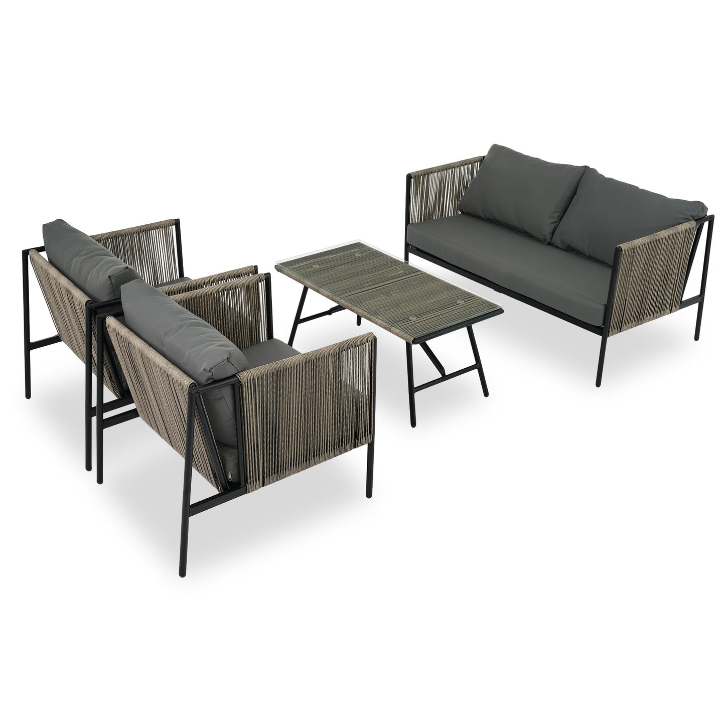 4-Piece Rope Sofa Set with Thick Cushions and Toughened Glass Table,