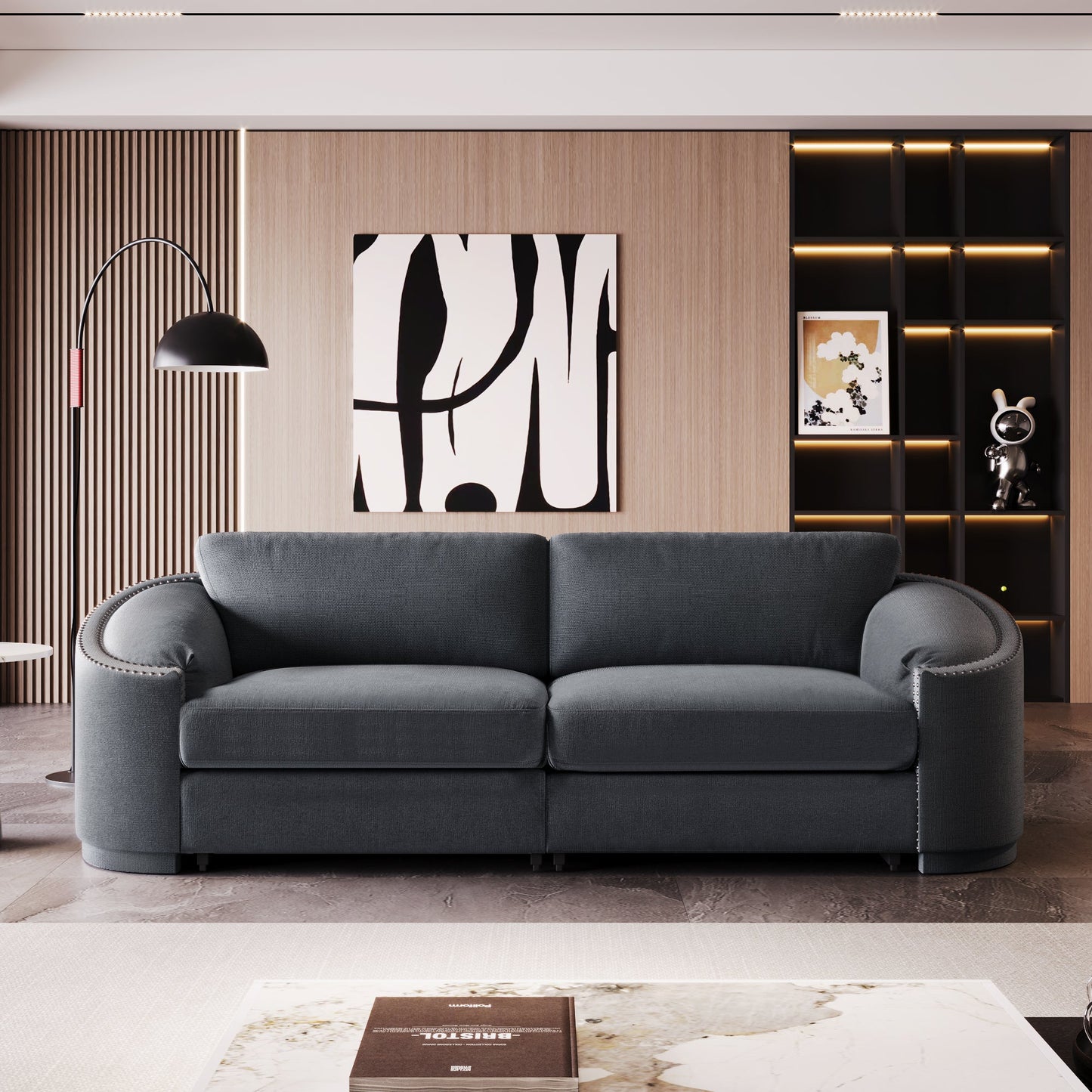 Stylish Sofa with Semilunar Arm, Rivet Detailing, and Solid Frame for