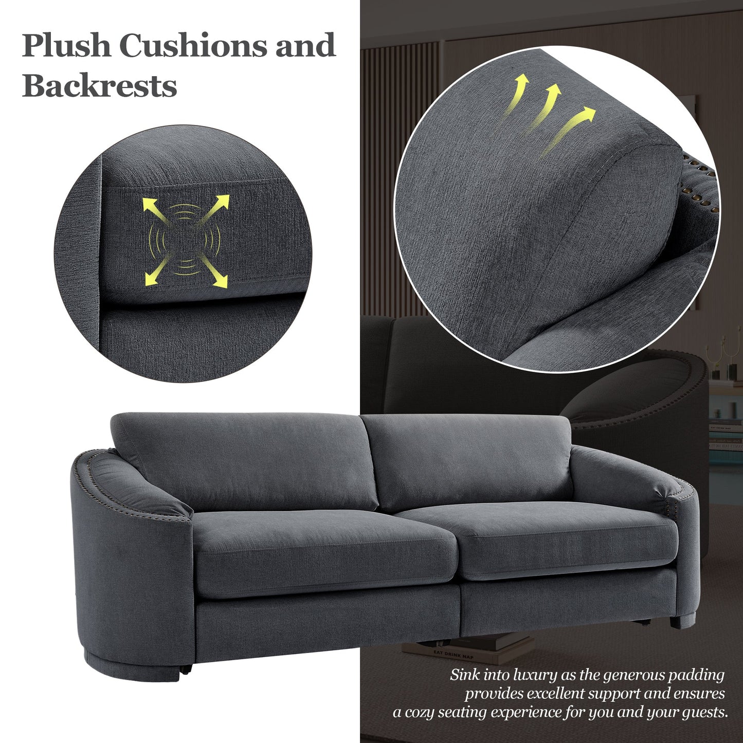 Stylish Sofa with Semilunar Arm, Rivet Detailing, and Solid Frame for