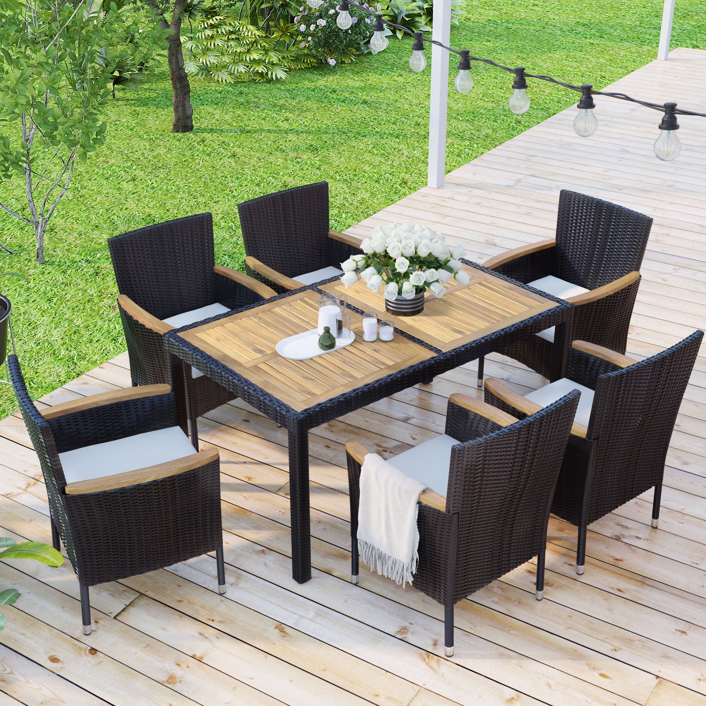 7-Piece Outdoor Patio Dining Set, Garden PE Rattan Wicker Dining Table