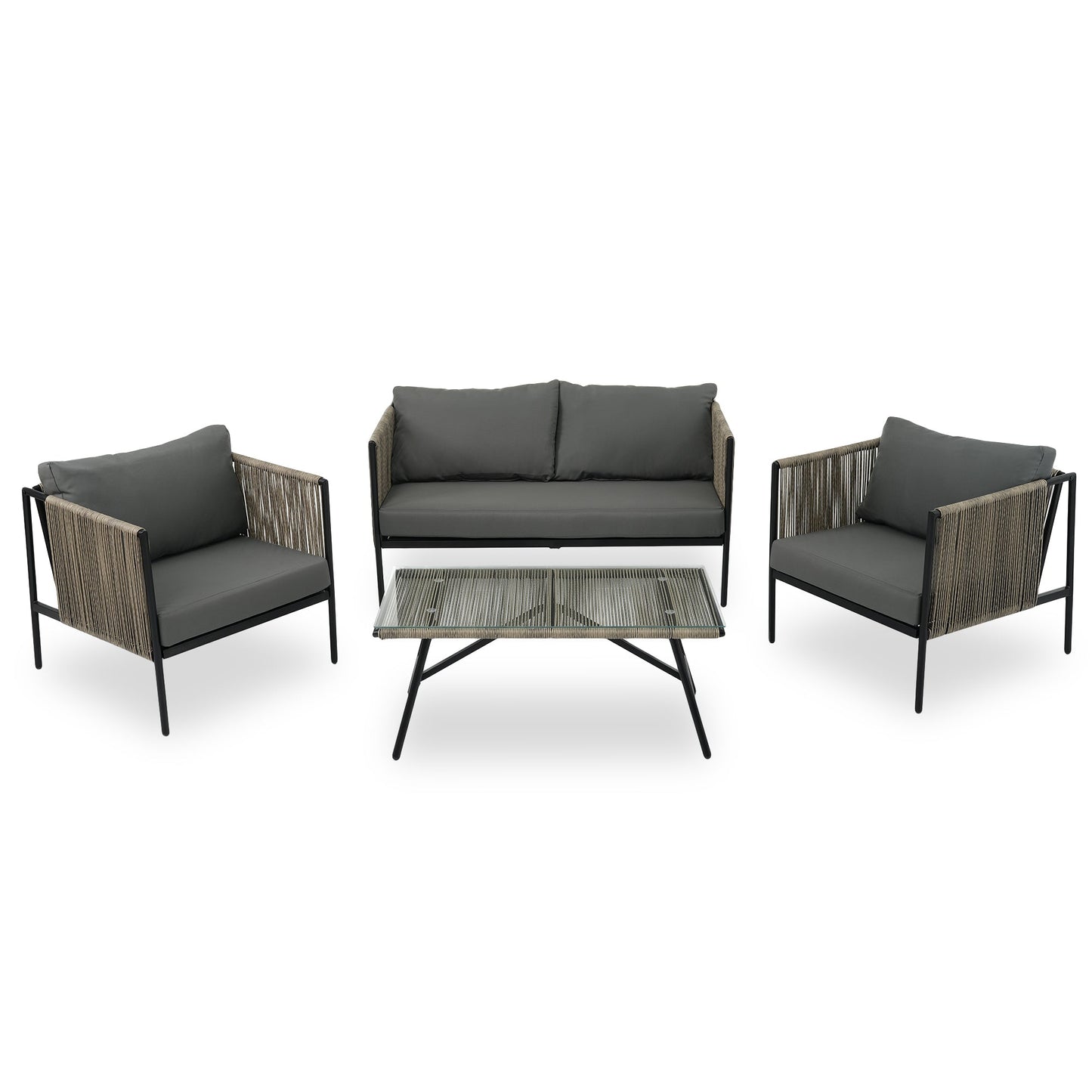 4-Piece Rope Sofa Set with Thick Cushions and Toughened Glass Table,