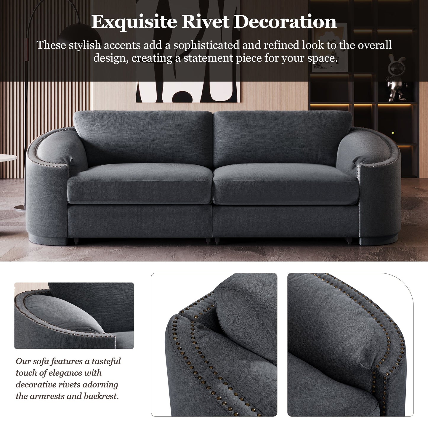 Stylish Sofa with Semilunar Arm, Rivet Detailing, and Solid Frame for