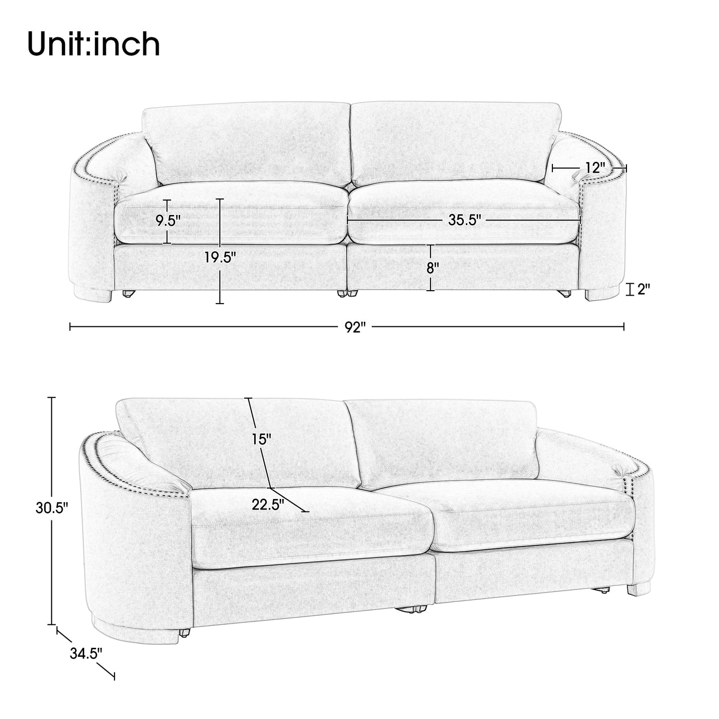 Stylish Sofa with Semilunar Arm, Rivet Detailing, and Solid Frame for